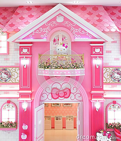 Hello Kitty giant plush doll is inside her pink palace in Hello Kitty in Jeju Editorial Stock Photo