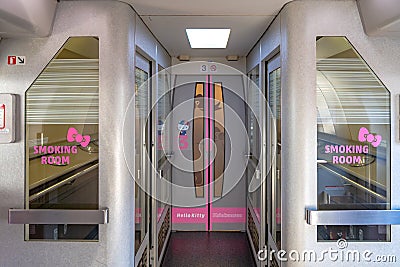 Hello Kitty Shinkansen bullet train, service on Sanyo Shinkansen line Editorial Stock Photo