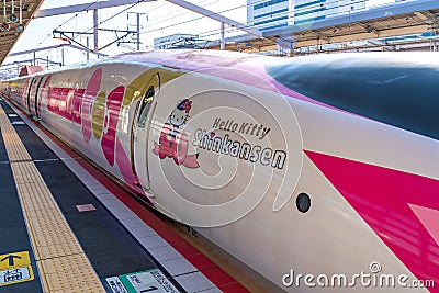 Hello Kitty Shinkansen bullet train, service on Sanyo Shinkansen line Editorial Stock Photo