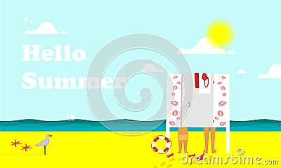 Hello letto. View of the sea and the sandy beach. A child is undressed in the beach changing room. Seagull and starfish. Vector Cartoon Illustration