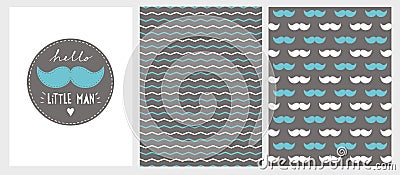 Hello Little Man Vector Illustration Set. Blue Moustache Card and Paterns Set. Vector Illustration