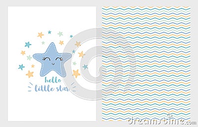 Hello Little Star Vector Illustration Set. Hand Drawn Design. Smiling Blue Star. Baby Shower. Vector Illustration