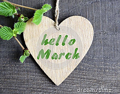Hello March greeting card with decorative heart and green spring tree branch on old wooden background.Springtime concept. Stock Photo