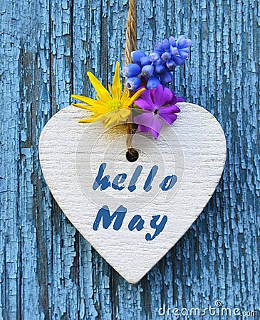 Hello May greeting card with decorative white heart and spring flowers on old blue wooden background. Stock Photo