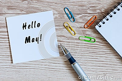 Hello May on message at paper at workplace at office or home Stock Photo