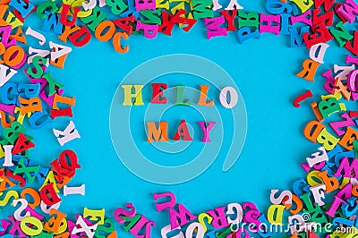 Hello May text on blue background in many color alphabet letters frame Stock Photo