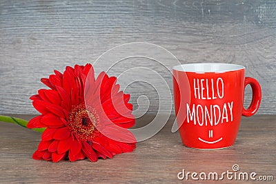 Hello monday, motivational card with red coffee cup Stock Photo