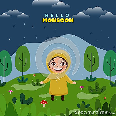 Hello Monsoon Background with Cheerful Boy Character Enjoying Rainy Season on Nature Stock Photo