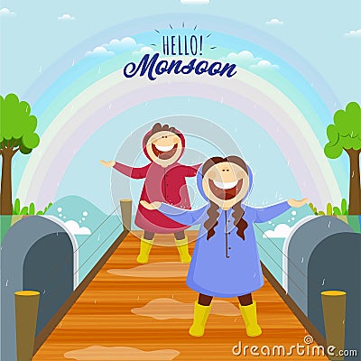 Hello Monsoon Background with Cheerful Kids Character Enjoying Rainy Season on Bridge Stock Photo