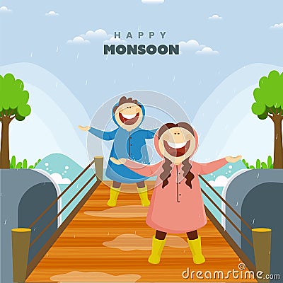 Hello Monsoon Background With Cheerful Young Girl And Boy Enjoying Rainfall Stock Photo