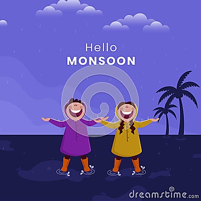 Hello Monsoon Concept with Cheerful Young Boy and Girl Character Enjoying Rainy Season, Coconut Trees on Purple Stock Photo