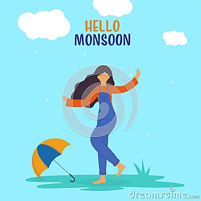 Hello Monsoon Font With Faceless Young Girl Enjoying Rainy Season And Umbrella On Turquoise Stock Photo