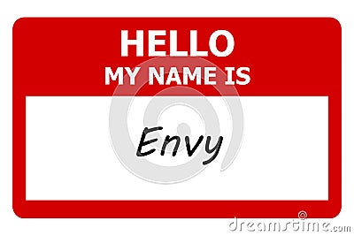 hello my name is envy tag on white Stock Photo