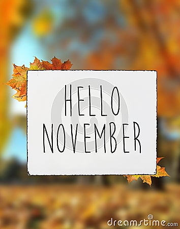 Hello November autumn text on white plate board banner fall leaves blur background Stock Photo