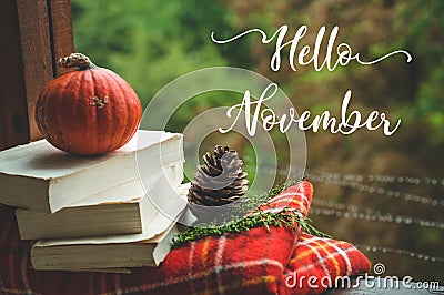 Hello November. Cozy autumn still life: cup and opened book on vintage windowsill with red blanket, pumpkin, candles. Autumn. Rain Stock Photo