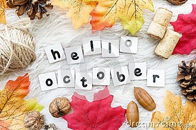 Hello October greeting card , autumn background with dry fall leaves Stock Photo