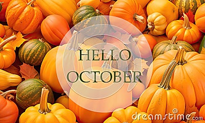 Hello October greeting card with colorful pumpkins.Autumn harvest,Halloween or Thanksgiving concept. Stock Photo