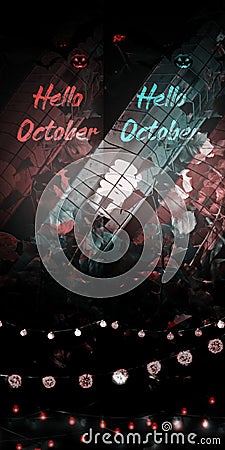 Hello october greeting card in double color effect, with halloween theme night light bulbs Stock Photo