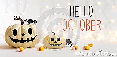 Hello October with halloween pumpkins with spider Stock Photo