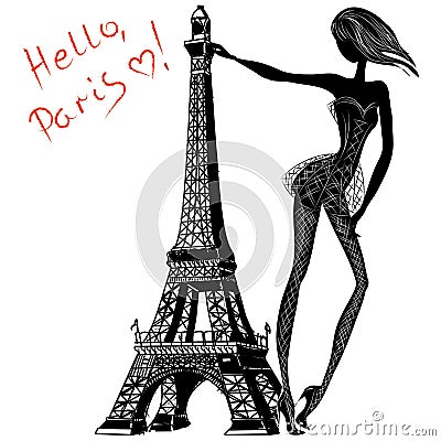 Hello, Paris. Fashion girl near Eiffel Tower Cartoon Illustration