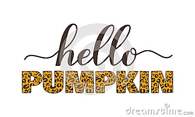 Hello pumpkin calligraphy lettering with leopard print. Vector template for typography poster, banner, flyer, postcard Vector Illustration