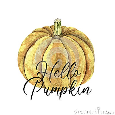 Hello Pumpkin sign over watercolor pumpkin Stock Photo