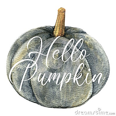 Hello Pumpkin sign over watercolor pumpkin Stock Photo