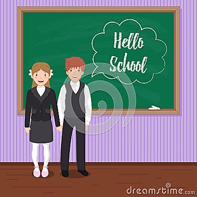 Hello school. Two happy pupils in uniform near the blackboard. Vector Illustration