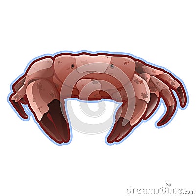 Hello sea cartoon badge with trendy design cartoon cheerful red crab mascot. Summer and sea party motivation poster Vector Illustration