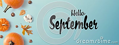 Hello September message with autumn pumpkins Stock Photo