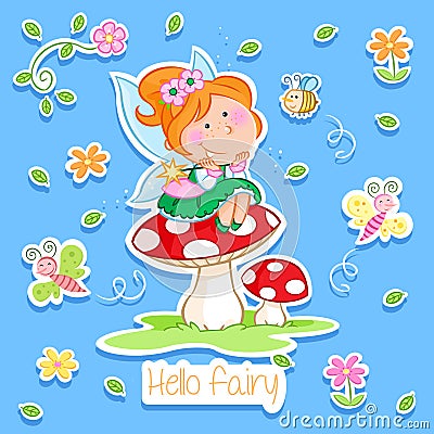 Hello Spring - Adorable little fairy and spring garden Cartoon Illustration