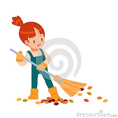 Hello spring or autumn. Little kid gardener raking leaves. Child is doing housework chores at home concept. Happy girl Vector Illustration