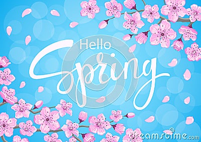 Hello spring background with cherry blossoms flowers branches Vector Illustration