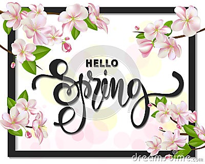 Hello spring background with cherry blossoms, leaves and branches.Greeting card with hand drawn lettering. Vector Vector Illustration