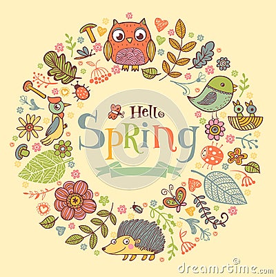 Hello Spring banner in doodle style Vector Illustration