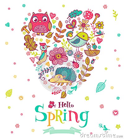 Hello Spring banner in doodle style Vector Illustration