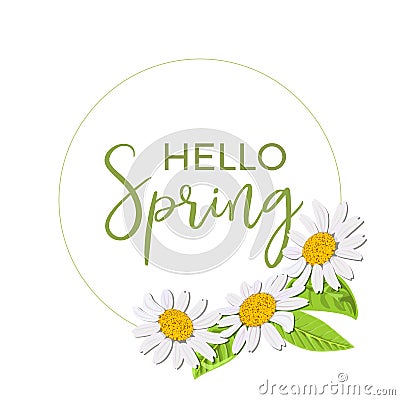 Hello spring. Beautiful Daisy wreath isolated. Elegant floral chamomile flowers collection. Frame, text Stock Photo