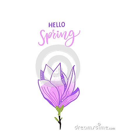 Hello spring calligraphy text and hand drawn magnolia flower Vector Illustration