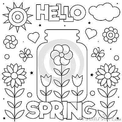 Hello Spring. Coloring page. Black and white vector illustration. Vector Illustration