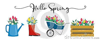 Hello spring cute card with blossoms and lettering Vector Illustration