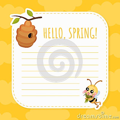 Hello, Spring Empty Sheet with Cute Honey Bee Insect and Hive Vector Templat Stock Photo