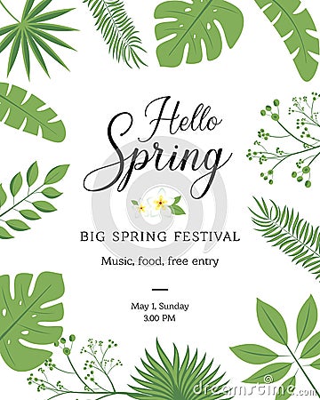 Hello Spring festive banner with Springtime season flower. Floral greeting card for Spring holiday themes design with daffodil, ro Stock Photo