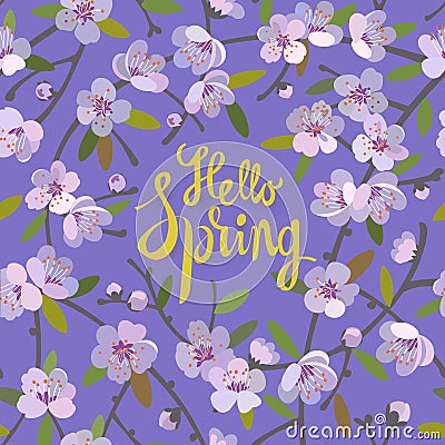 Hello Spring floral background for spring season with blooming apple tree branches. Promotion offer with floral decoration. Vector Illustration