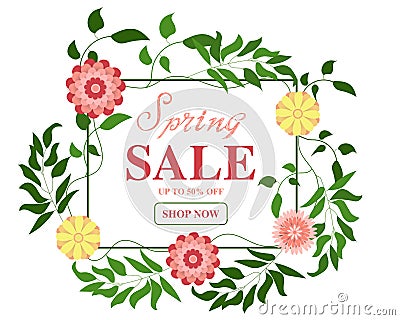 Hello spring! Floral wreath on white background. Bright colorful spring flowers. Vector illustration Vector Illustration