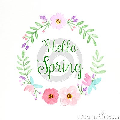 Hello spring, Flowers wreath watercolors, Hand drawing Stock Photo