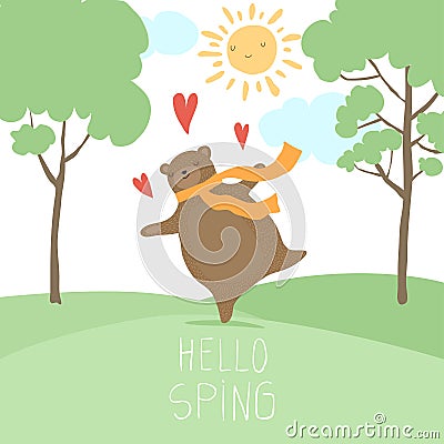 Hello Spring forest landscape. Cute bear in love spring sunny time dancing on green fresh grass. Vector Illustration