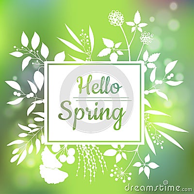 Hello Spring green card design with a textured abstract background and text in square floral frame Vector Illustration