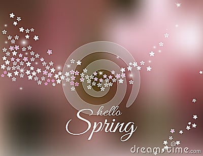 Hello Spring greeting card on blurred pink background. Vector Cartoon Illustration