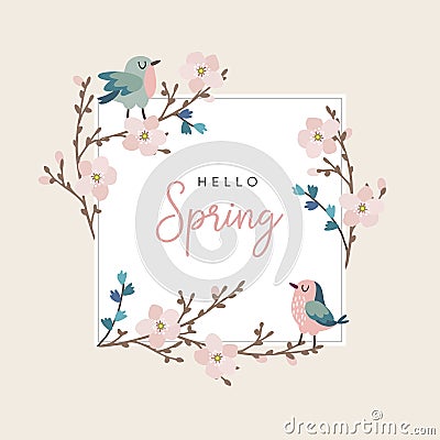 Hello spring greeting card, invitation with cute hand drawn birds and cherry tree branches with pink blossoms. Easter Vector Illustration