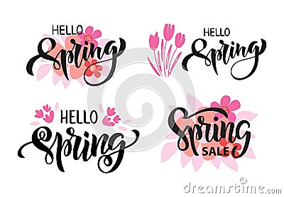 Hello Spring hand drawn vector brush lettering set Cartoon Illustration